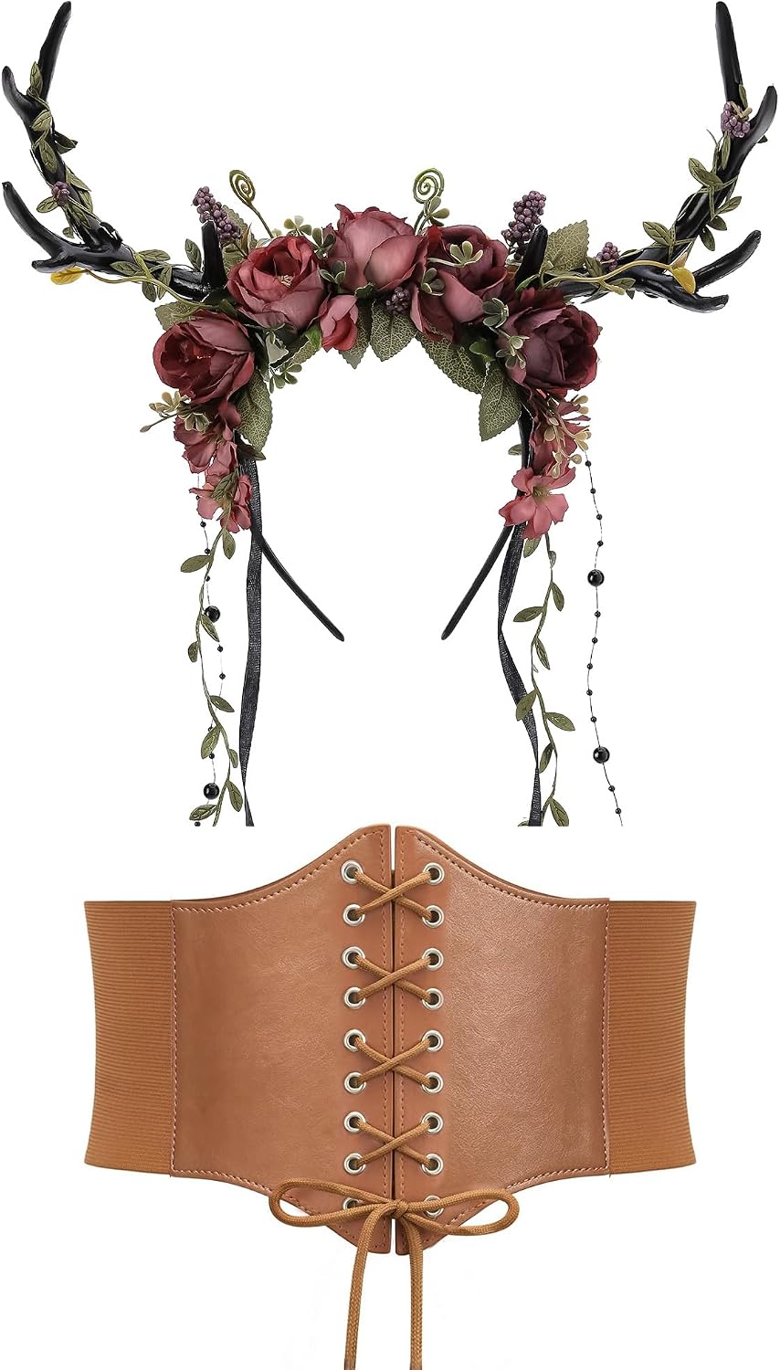 MOSTORY Brown Medieval Corset Belt & Antlers Headband Set (XL)