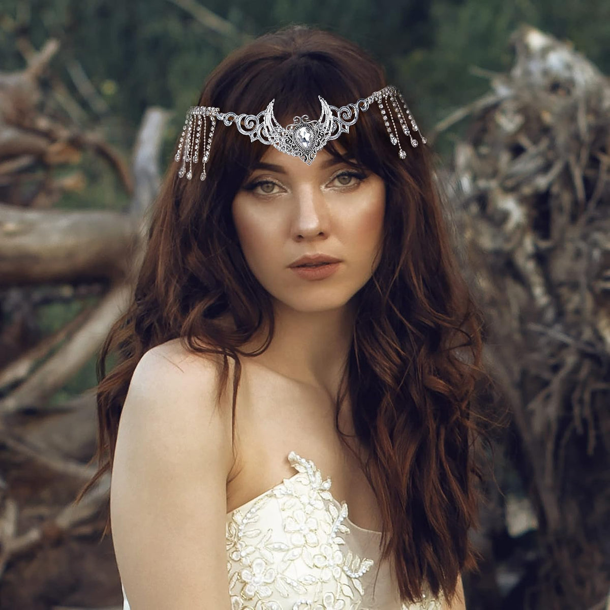 MOSTORY Handmade Silver Viking Crown Crystal Tassel Headpiece