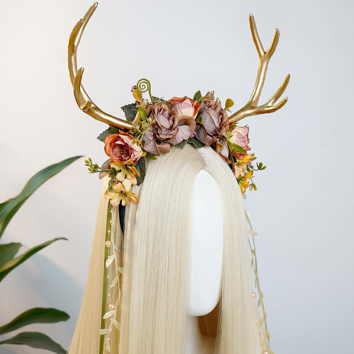 MOSTORY Purple Flower Deer Antler Headband with Vines