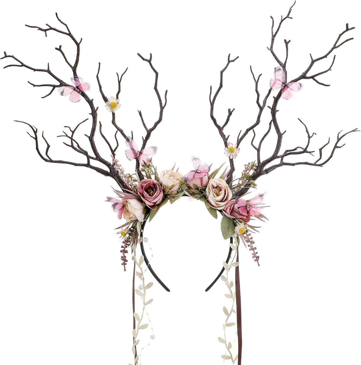 Deer Headband Elf Crown with Flowers & Butterfly