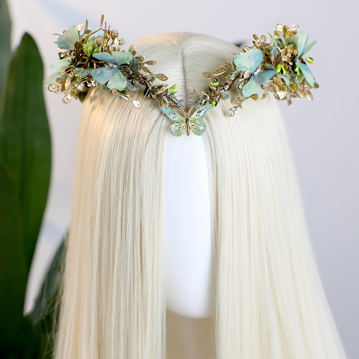 MOSTORY Green Elf Crown & Elf Ears Set with Flowers & Butterflies