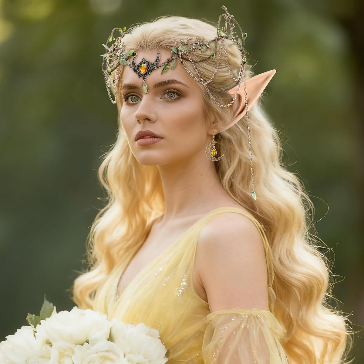 MOSTORY Bronze Elf Crown, Elf Ears & Viking Moon Earrings Set