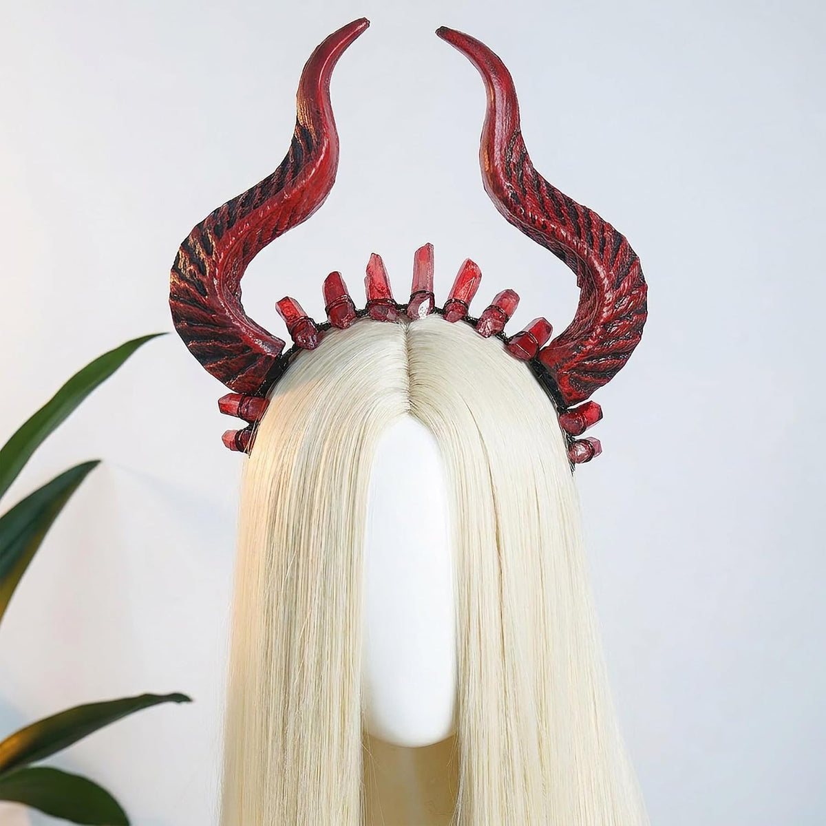 MOSTORY Red Devil Horns Headband with Raw Quartz for Adult Cosplay