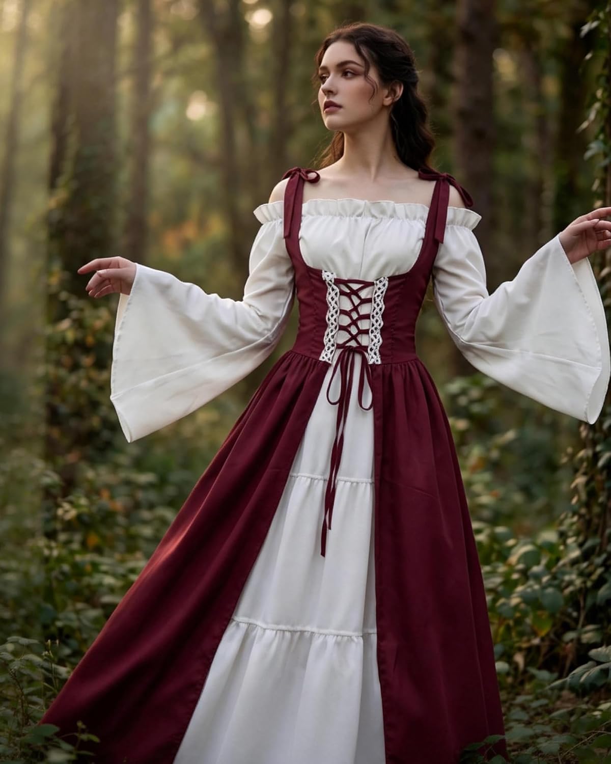 MOSTORY 2-Pc Black Medieval Renaissance Cosplay Dress for Women