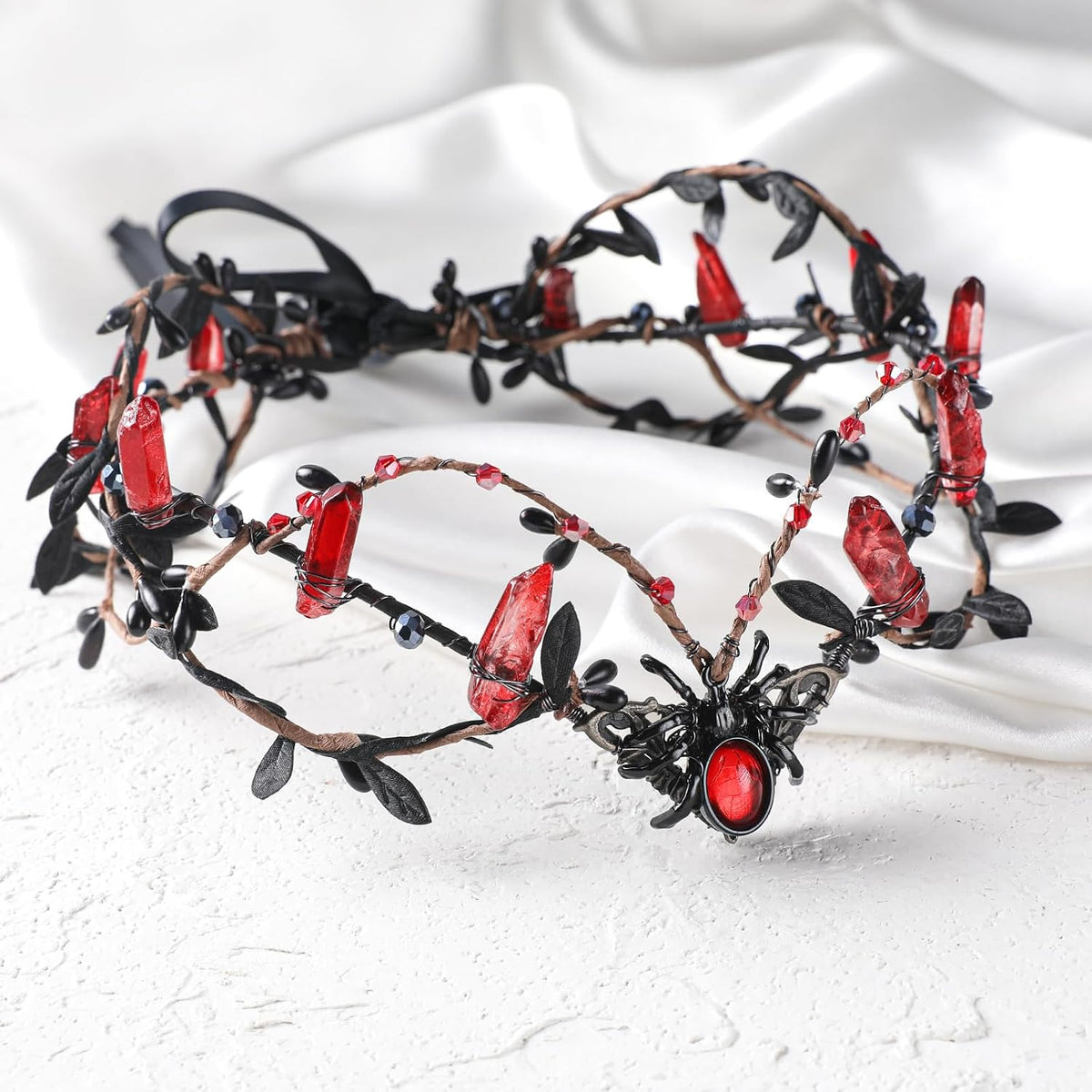 MOSTORY Gothic Crystal Crown Headband Dark Red Raw Quartz Circlet