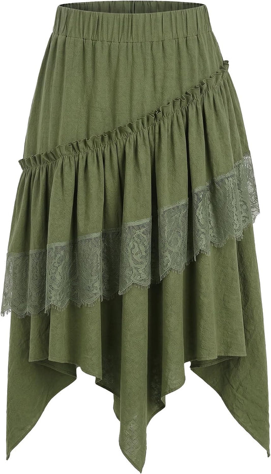 MOSTORY Green Renaissance Asymmetric Lace Fairy Skirt