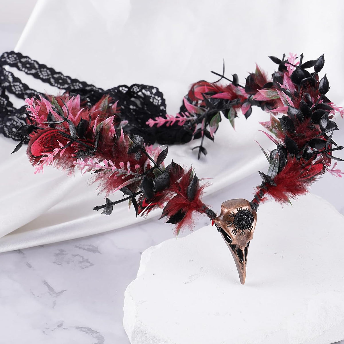 MOSTORY Black Flower Gothic Raven Circlet, Red Feather