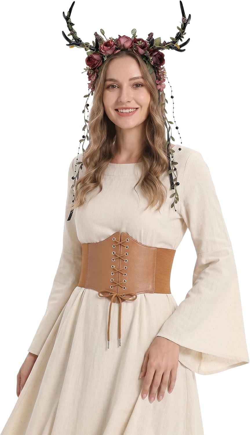MOSTORY Black Corset Belt & Woodland Antlers Headband Set
