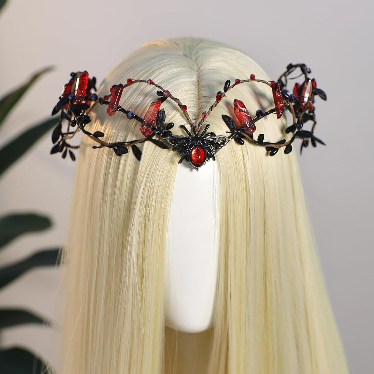 MOSTORY Gothic Crystal Crown Headband Dark Red Raw Quartz Circlet