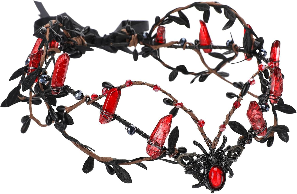 MOSTORY Gothic Crystal Crown Headband Dark Red Raw Quartz Circlet