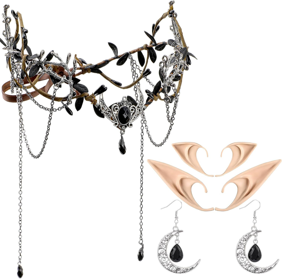 Elf Crown, Ears & Moon Earrings Set for Cosplay & Renaissance