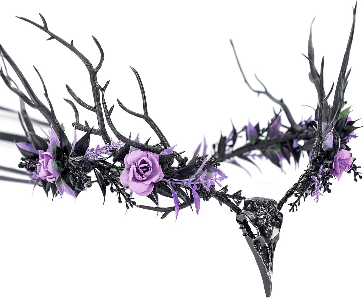 MOSTORY Gothic Flower Raven Crown, Goth Elf Circlet with Branch