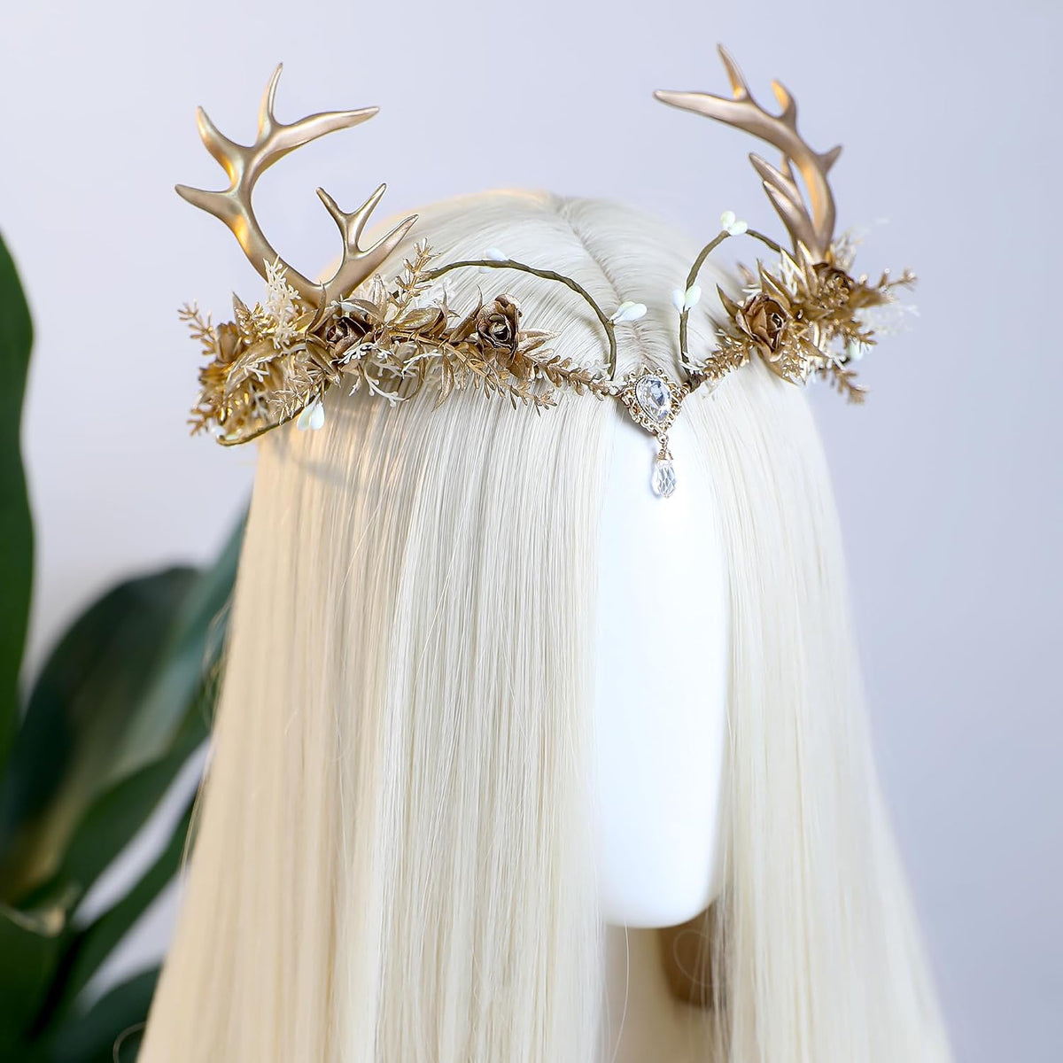 Gold Fairy Antler Crown – Floral Elf Circlet for Renfaire