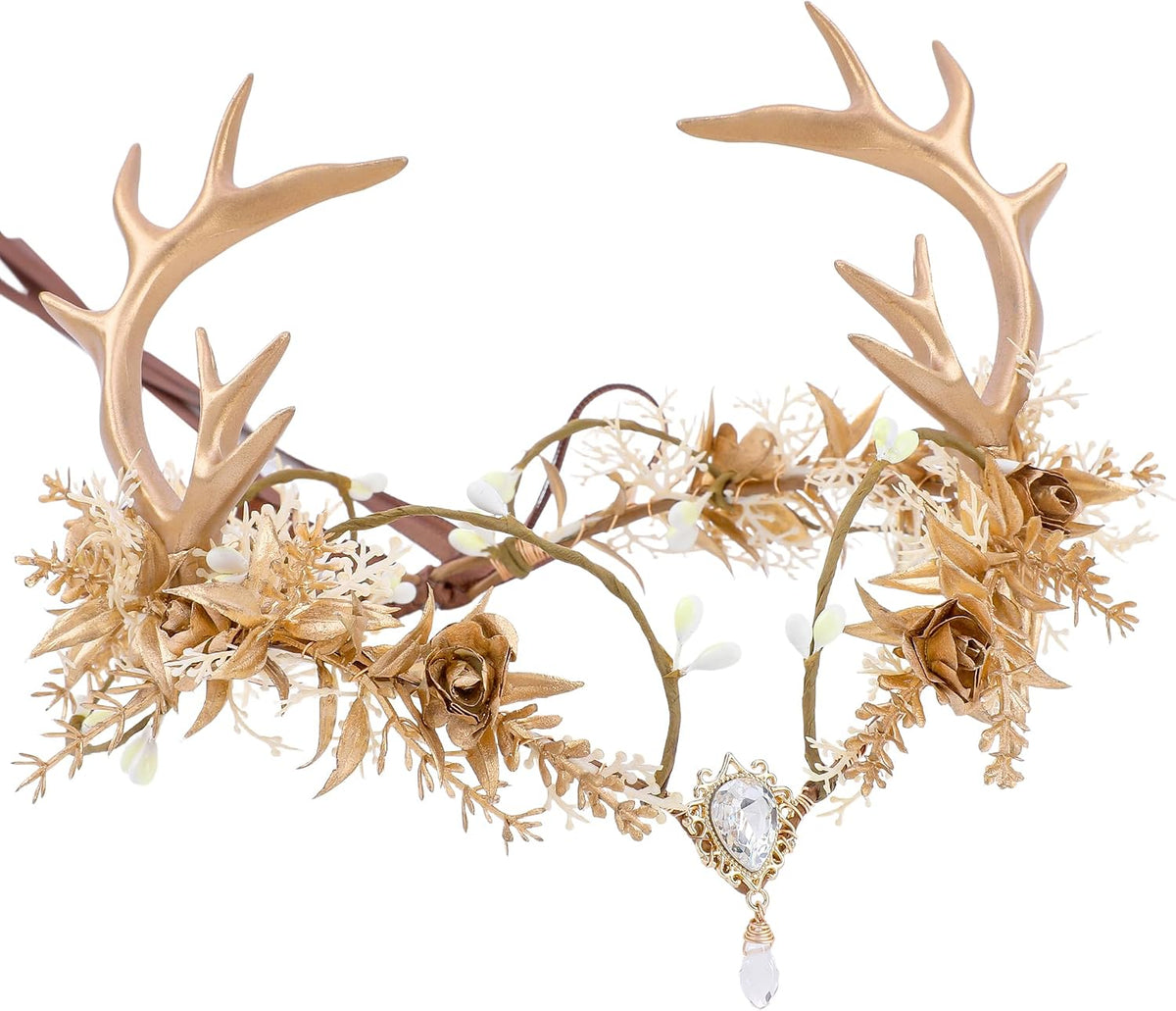 Gold Fairy Antler Crown – Floral Elf Circlet for Renfaire