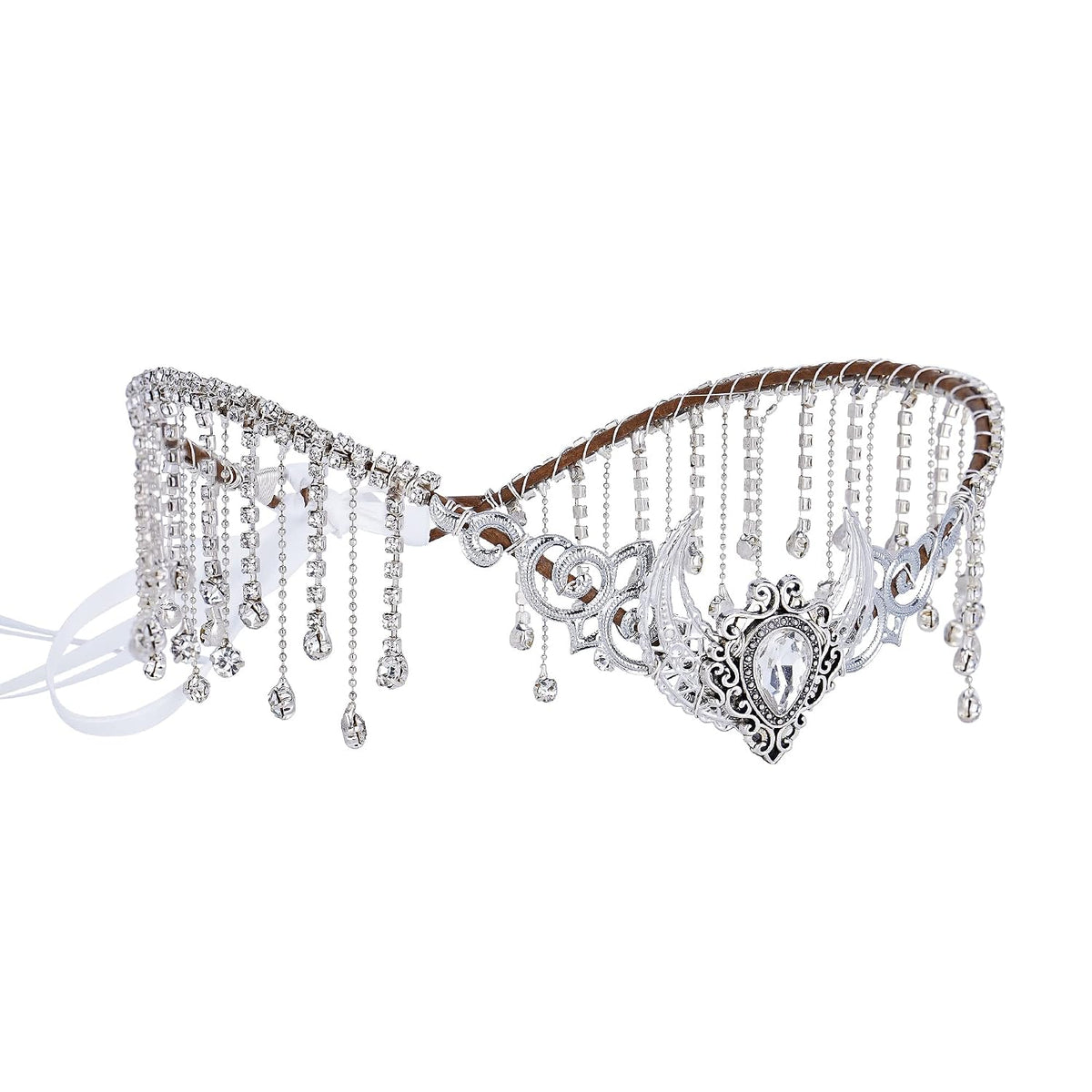MOSTORY Handmade Silver Viking Crown Crystal Tassel Headpiece