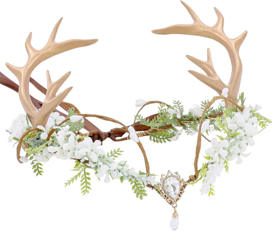 MOSTORY Antlers Headpiece Elf Crown with Flowers & Gemstones