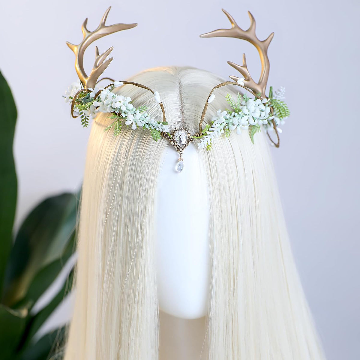 MOSTORY Antlers Headpiece Elf Crown with Flowers & Gemstones