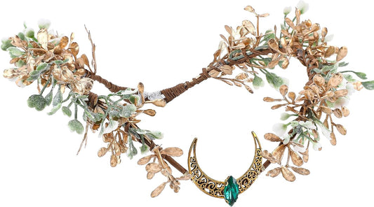 MOSTORY Moon Goddesses Elf Crown, Golden Fairy Crown with Green Flower