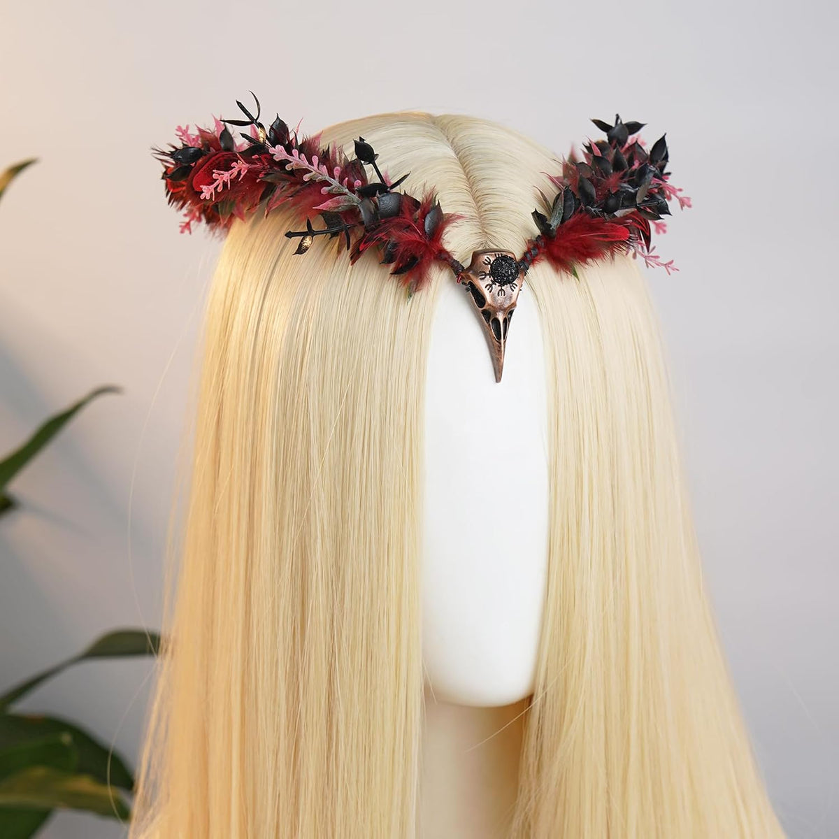 MOSTORY Black Flower Gothic Raven Circlet, Red Feather