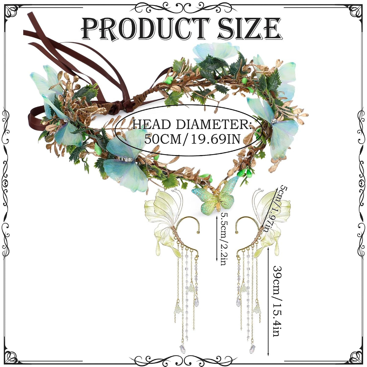 MOSTORY Green Elf Crown & Elf Ears Set with Flowers & Butterflies