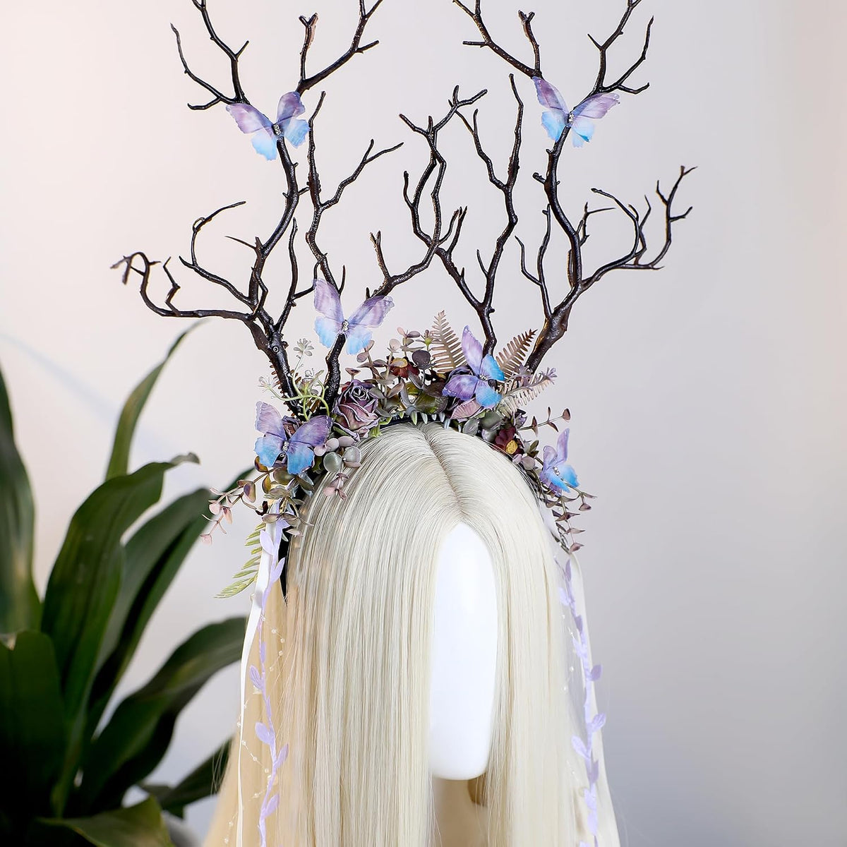 Woodland Fairy Branch Headband – Green Floral Antler Headpiece