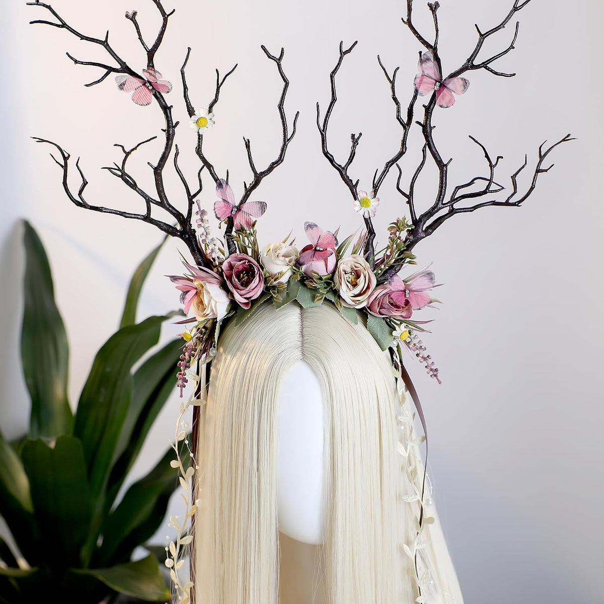 Deer Headband Elf Crown with Flowers & Butterfly