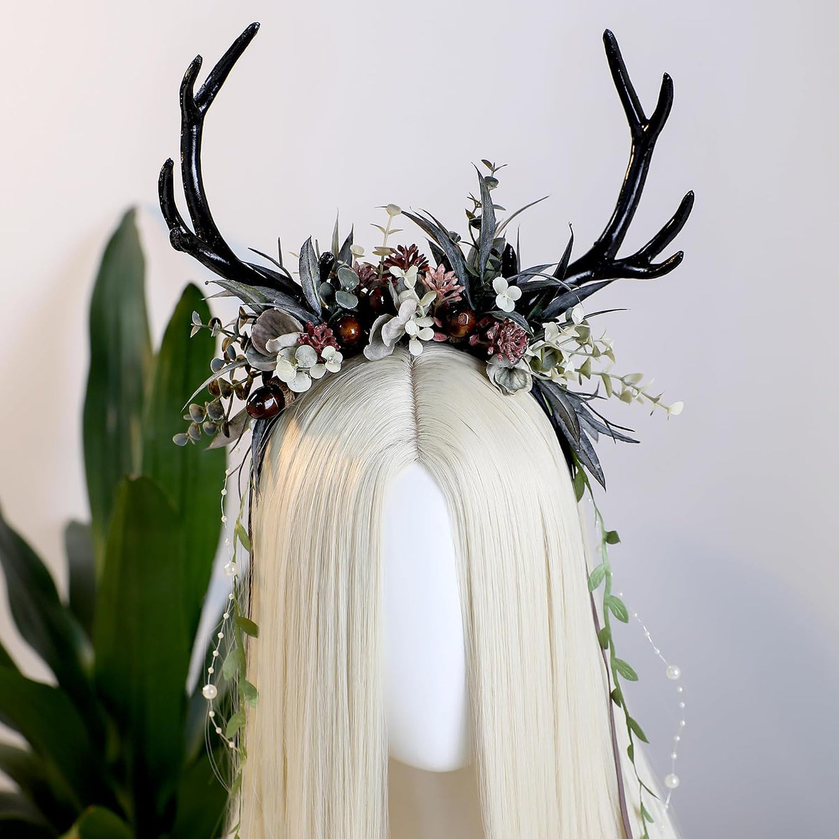 MOSTORY Dark Flower Antler Headband with Vines & Berries