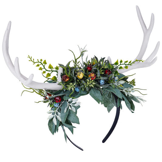 Handmade White Antler Headband with Green Leaves & Fruits