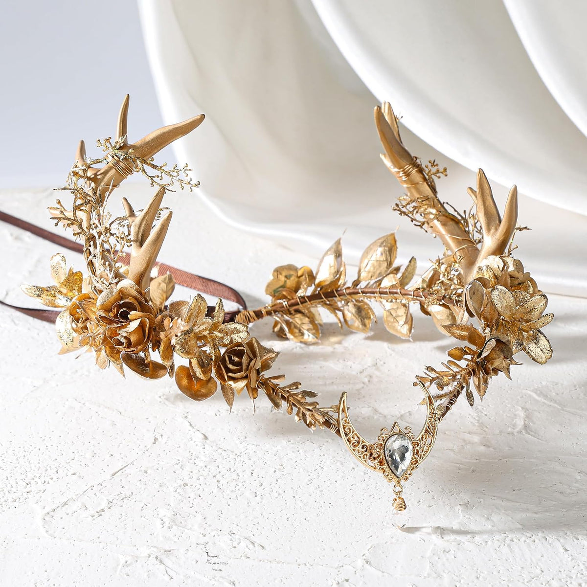 MOSTORY Green Flower Fairy Antler Crown for Women