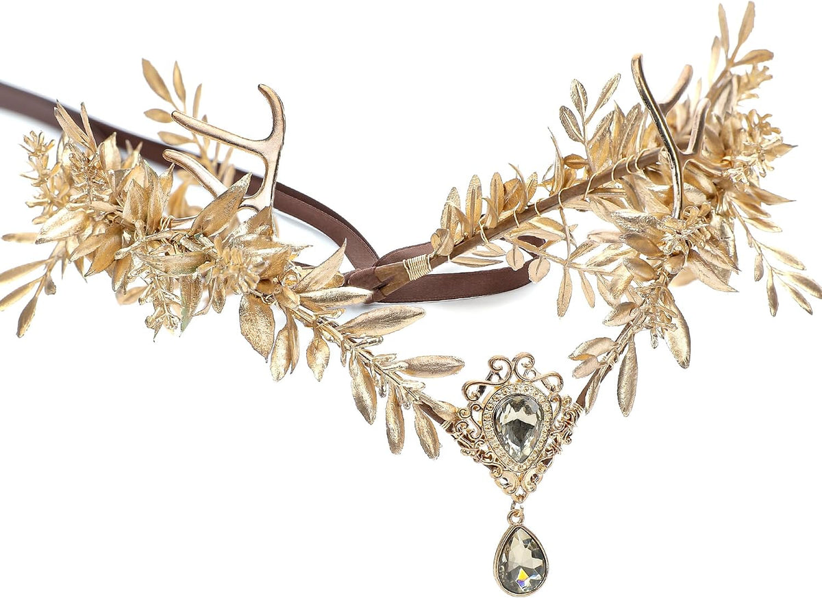 MOSTORY Gold Fairy Flower Crown - Floral Antler Renaissance Headpiece