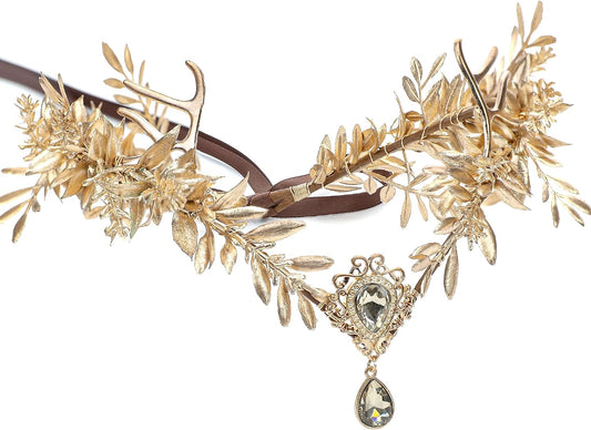 MOSTORY Gold Fairy Flower Crown - Floral Antler Renaissance Headpiece