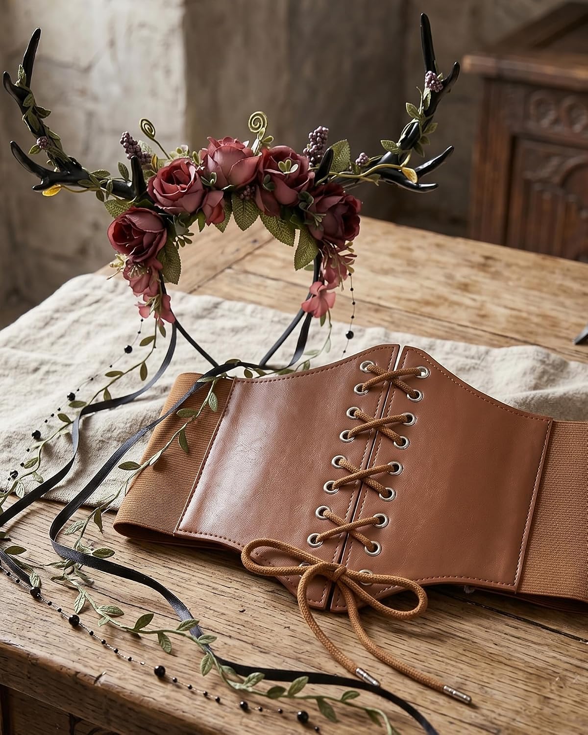 MOSTORY Brown Medieval Corset Belt & Antlers Headband Set (XL)