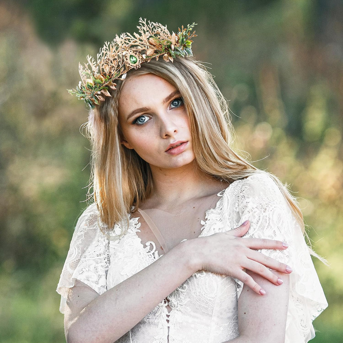 MOSTORY Renaissance Forest Fairy Leaf Crown Gold Green Elf Headpiece
