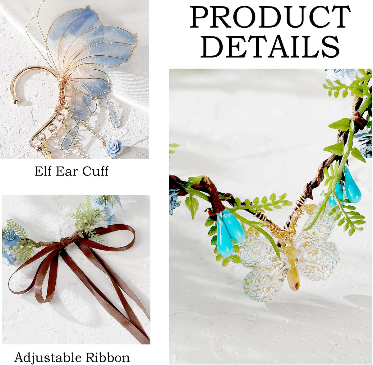 MOSTORY Purple Butterfly Fairy Crown & Elf Ear Cuffs Set