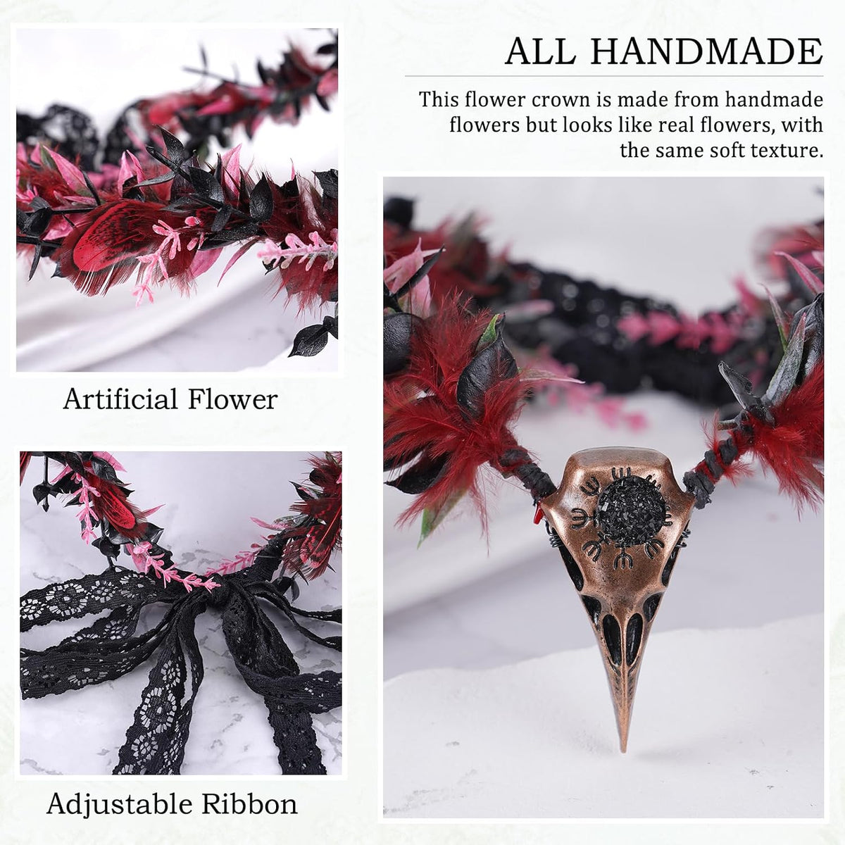 MOSTORY Dark Raven Witch Crown - Flower Gothic Feather Headpiece