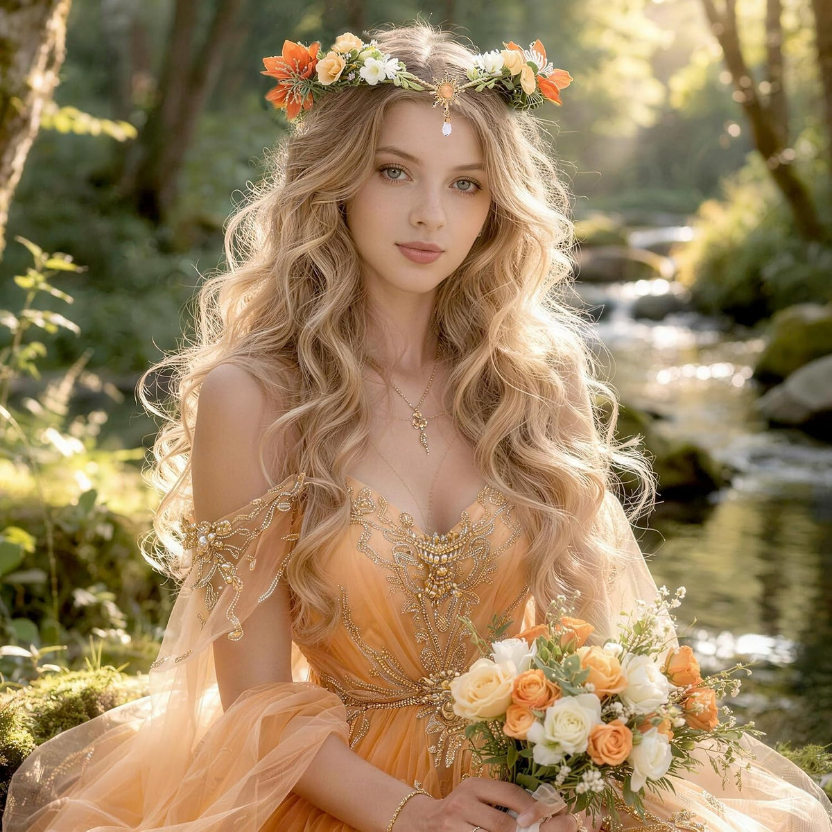 MOSTORY Orange Flower Crown Fairy Headdress Renaissance Costume