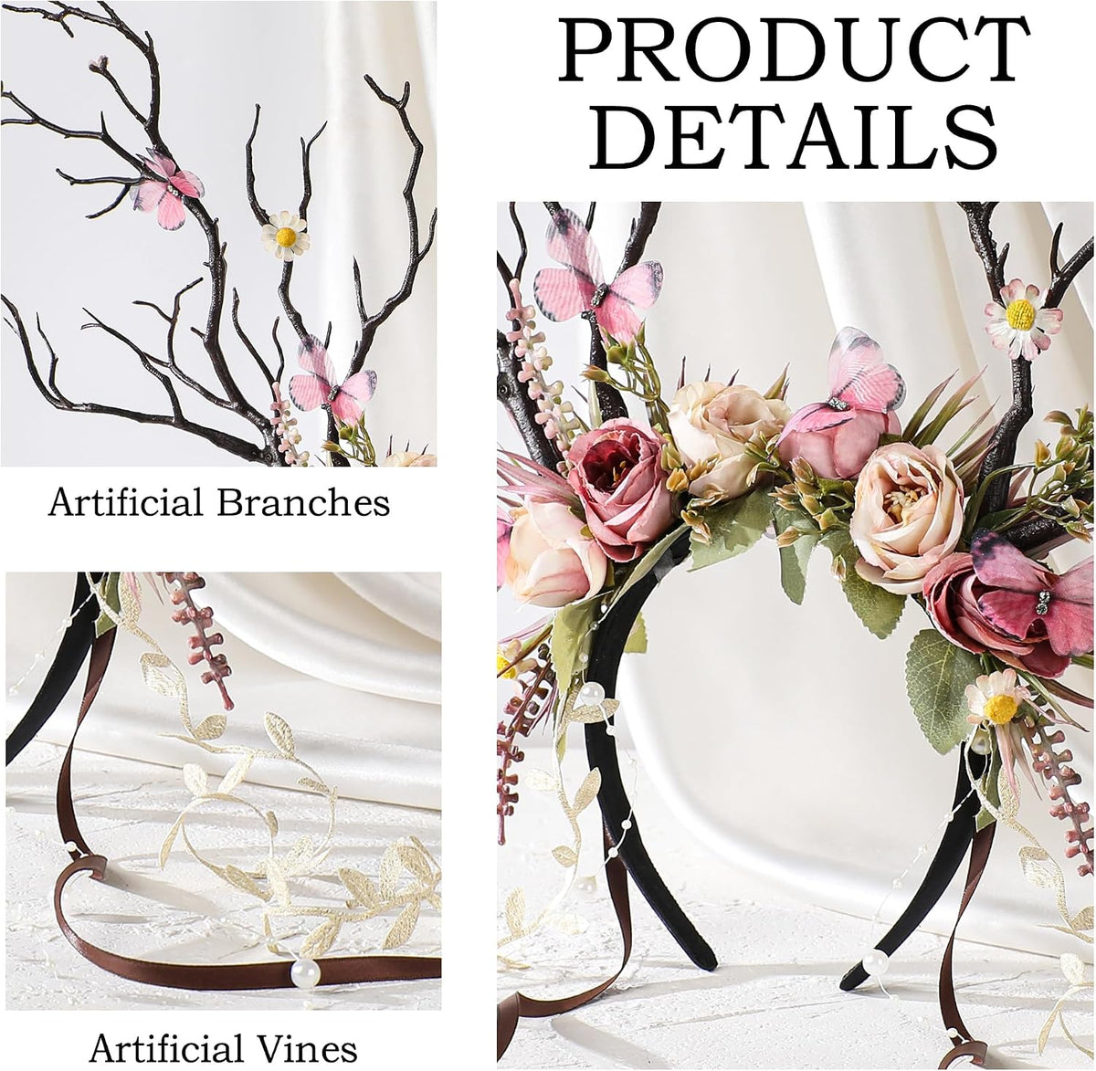 Deer Headband Elf Crown with Flowers & Butterfly
