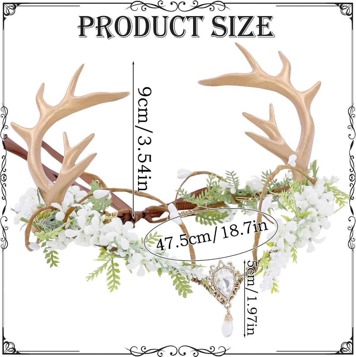 MOSTORY Antlers Headpiece Elf Crown with Flowers & Gemstones