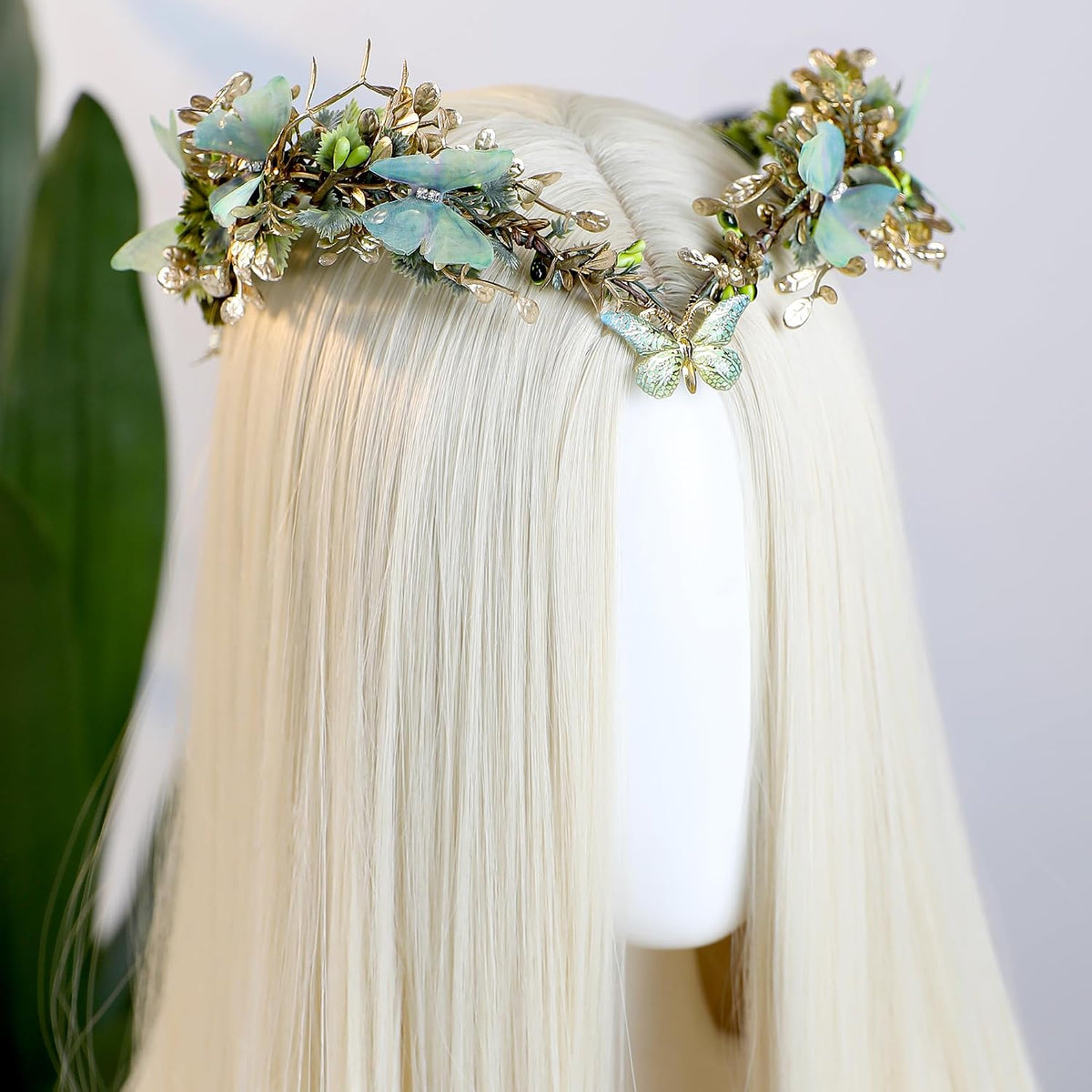 MOSTORY Green Elf Crown & Elf Ears Set with Flowers & Butterflies