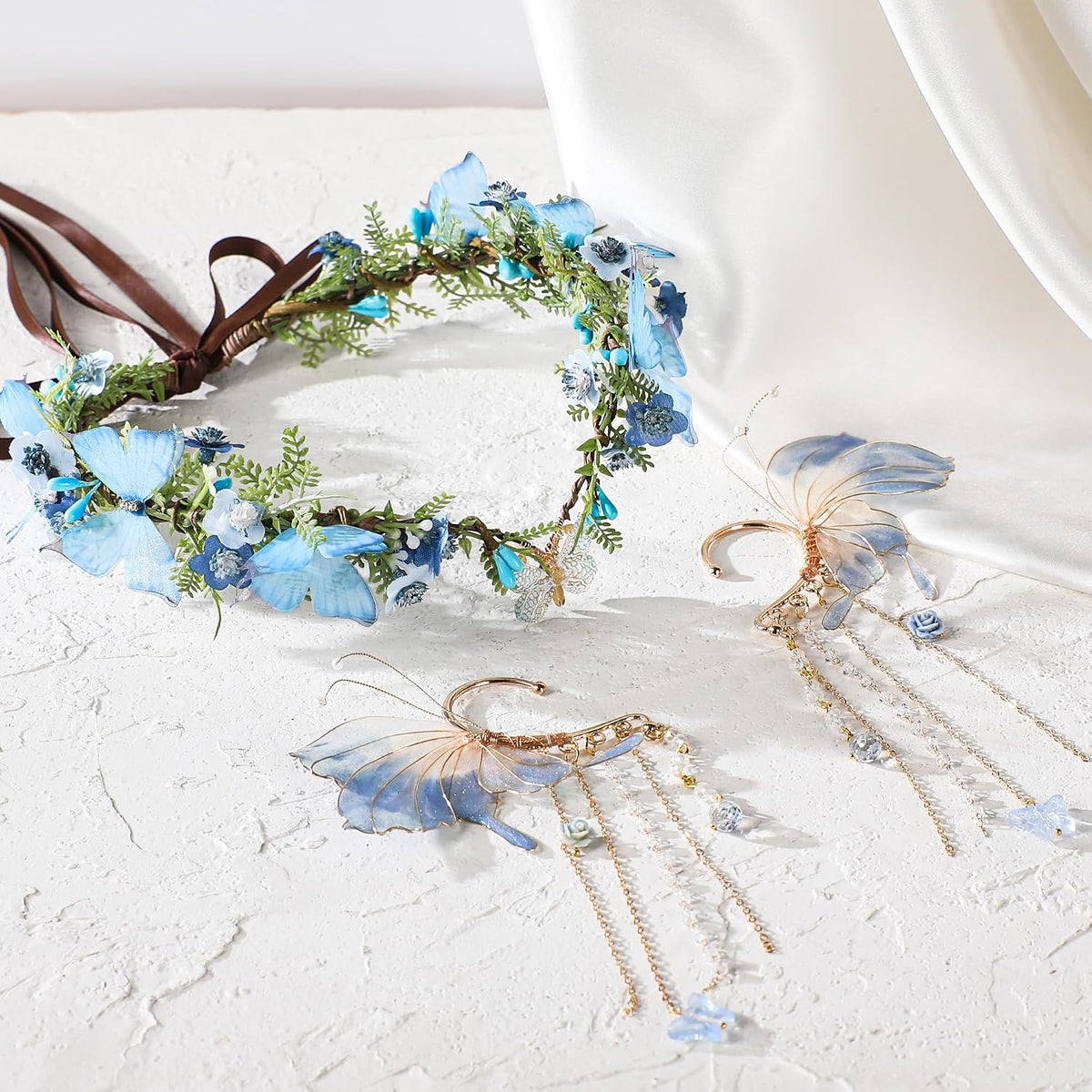 MOSTORY Purple Butterfly Fairy Crown & Elf Ear Cuffs Set