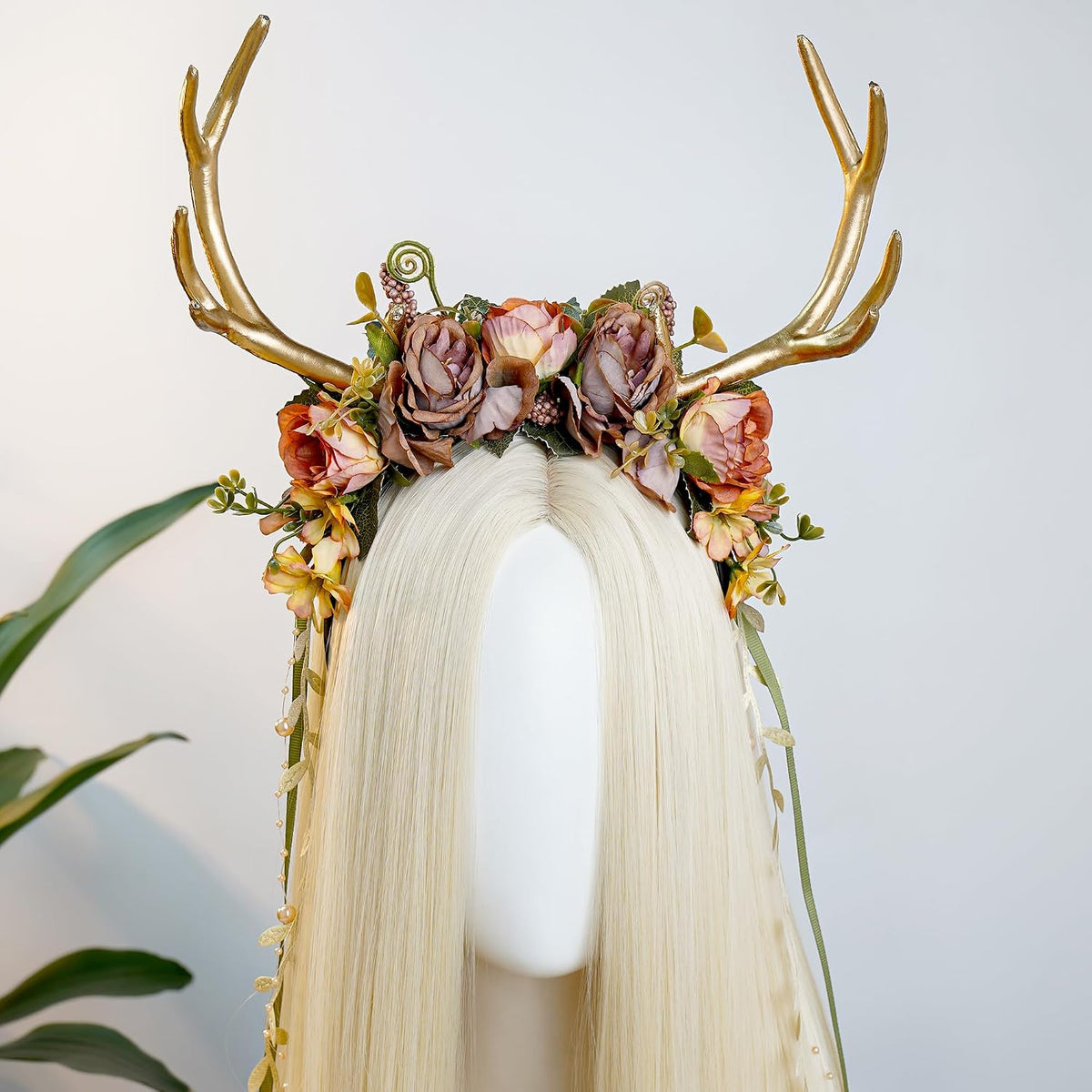 MOSTORY Purple Flower Deer Antler Headband with Vines