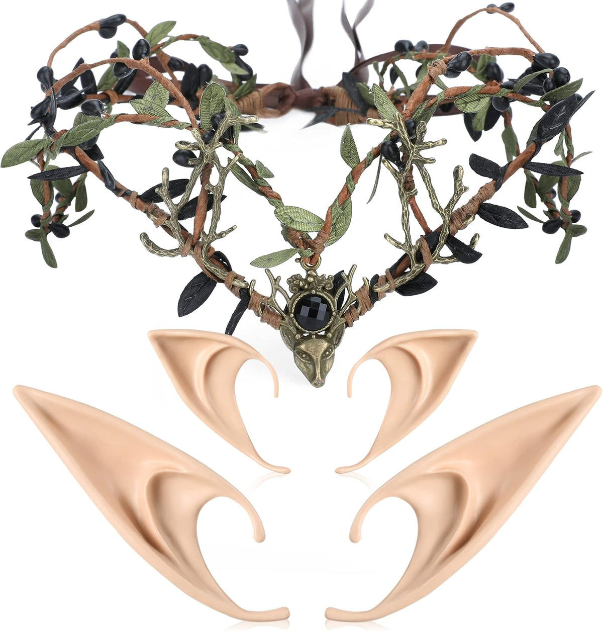 MOSTORY Elf Ears & Green Antler Crown Set, 2 Pairs