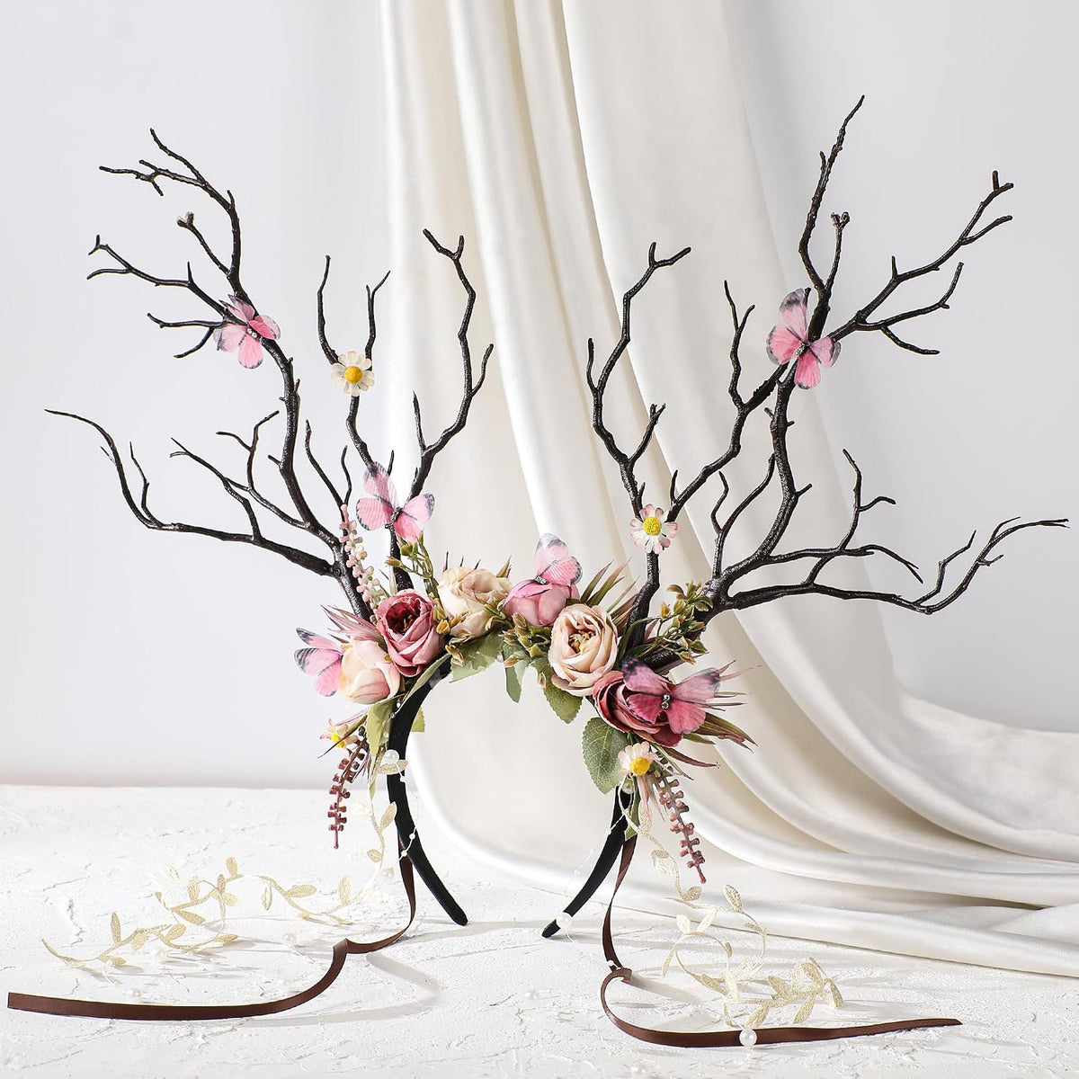 Deer Headband Elf Crown with Flowers & Butterfly