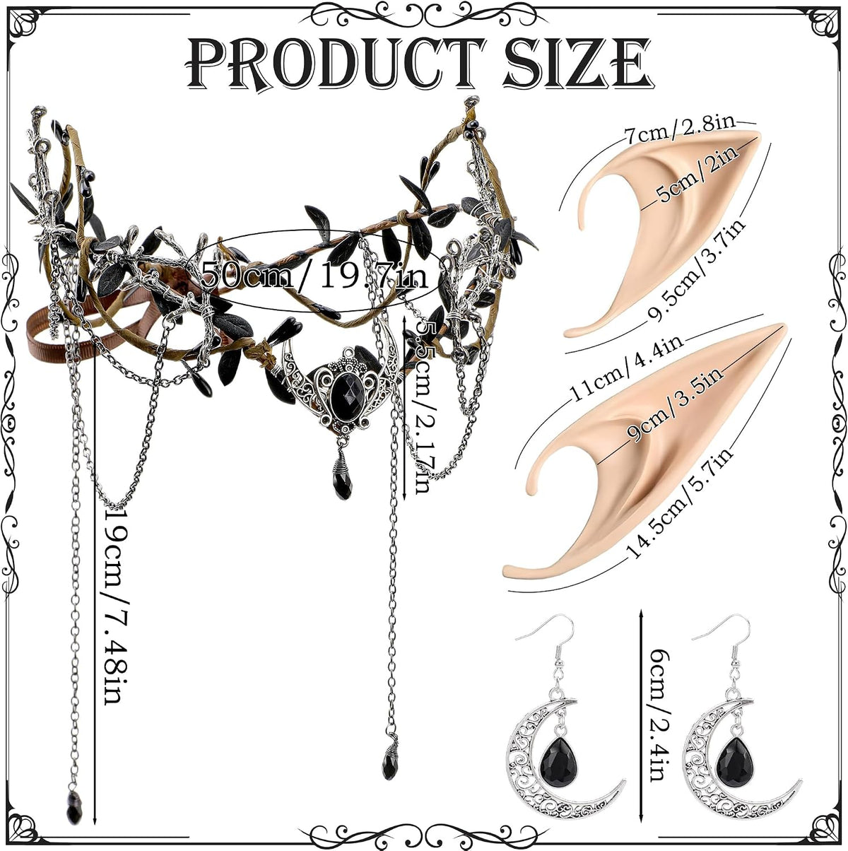 Elf Crown, Ears & Moon Earrings Set for Cosplay & Renaissance