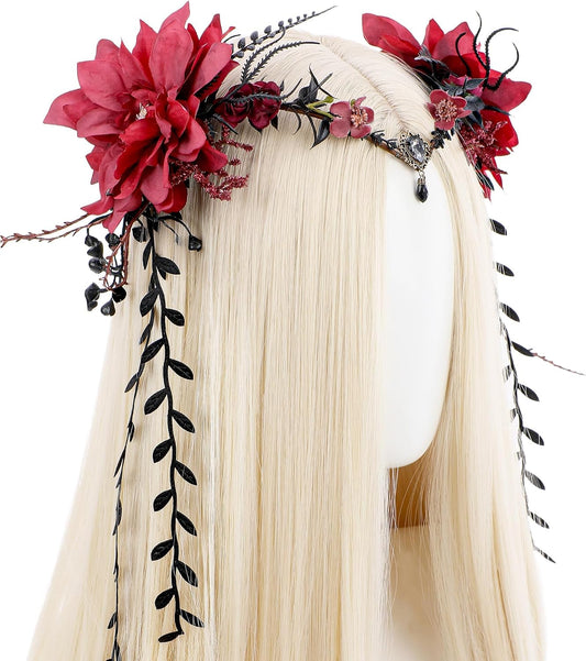 Red Flower Fairy Crown with Vines – Dark Elf Renfaire Headpiece