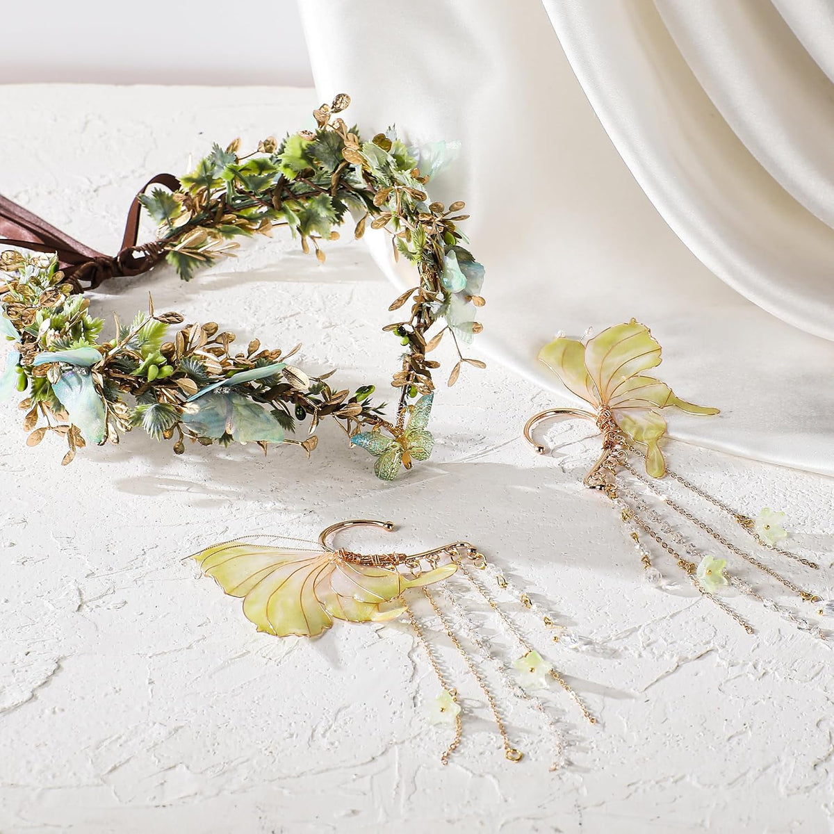 MOSTORY Green Elf Crown & Elf Ears Set with Flowers & Butterflies