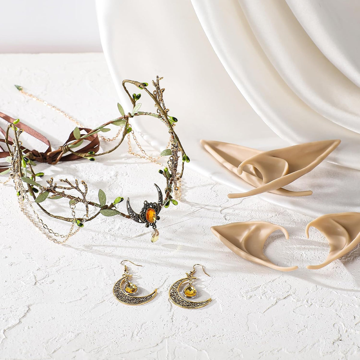 MOSTORY Bronze Elf Crown, Elf Ears & Viking Moon Earrings Set