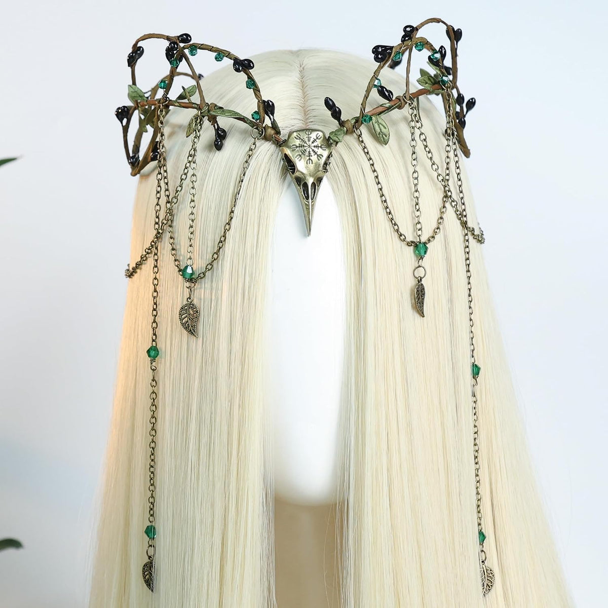 Medieval Raven Elf Crown – Beaded Floral Circlet with Tassel