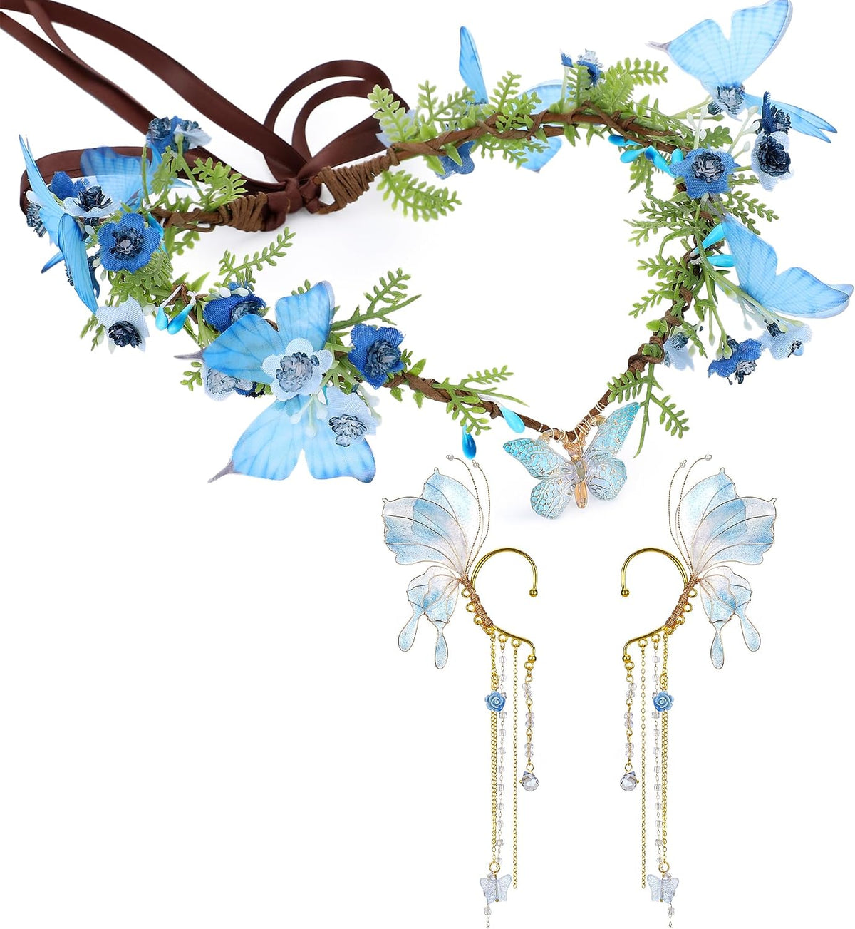 MOSTORY Purple Butterfly Fairy Crown & Elf Ear Cuffs Set