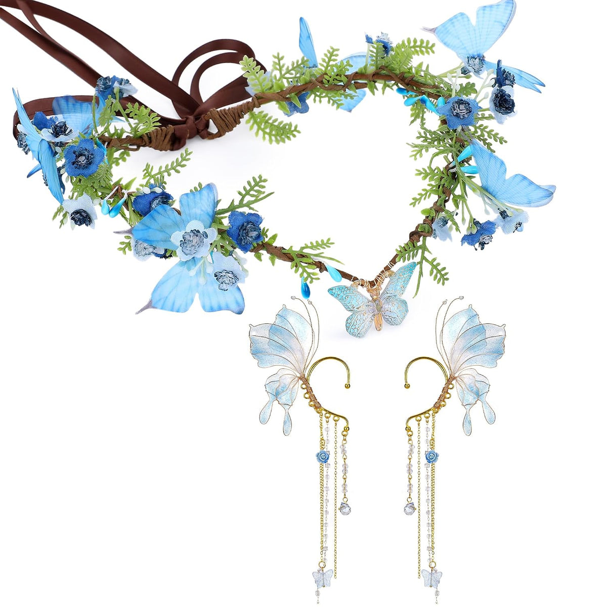 MOSTORY Blue Fairy Headpiece Set with Elf Crown & 2 Elf Ears